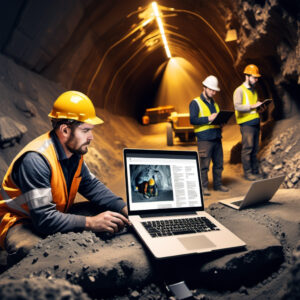 image of a modern mining operation or workers in a mine, paired with a laptop displaying an eBook.